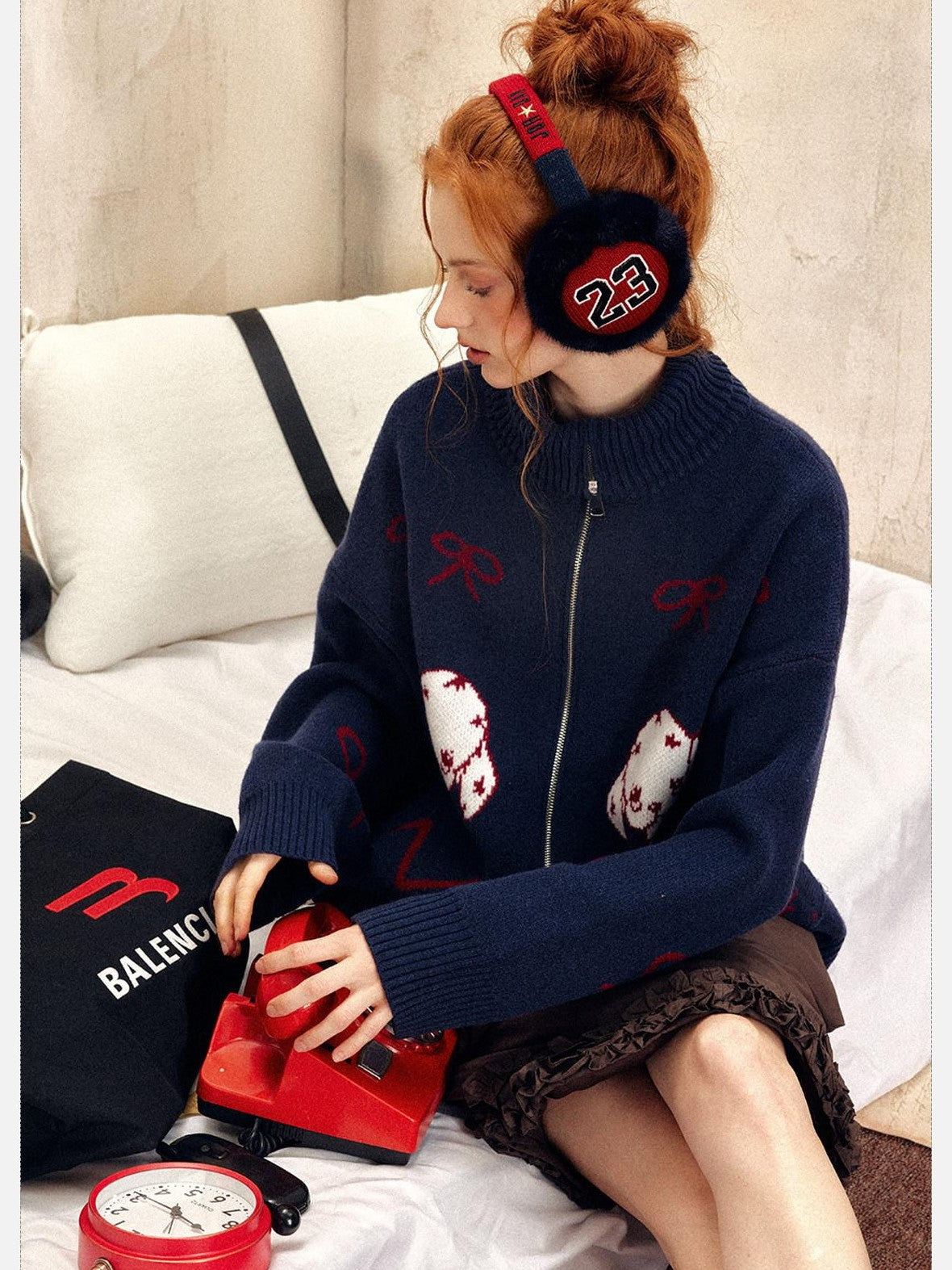 EZEK Vintage Puppy Bow Cartoon Zip High Neck Loose Women's Polyester Blend Cardigans