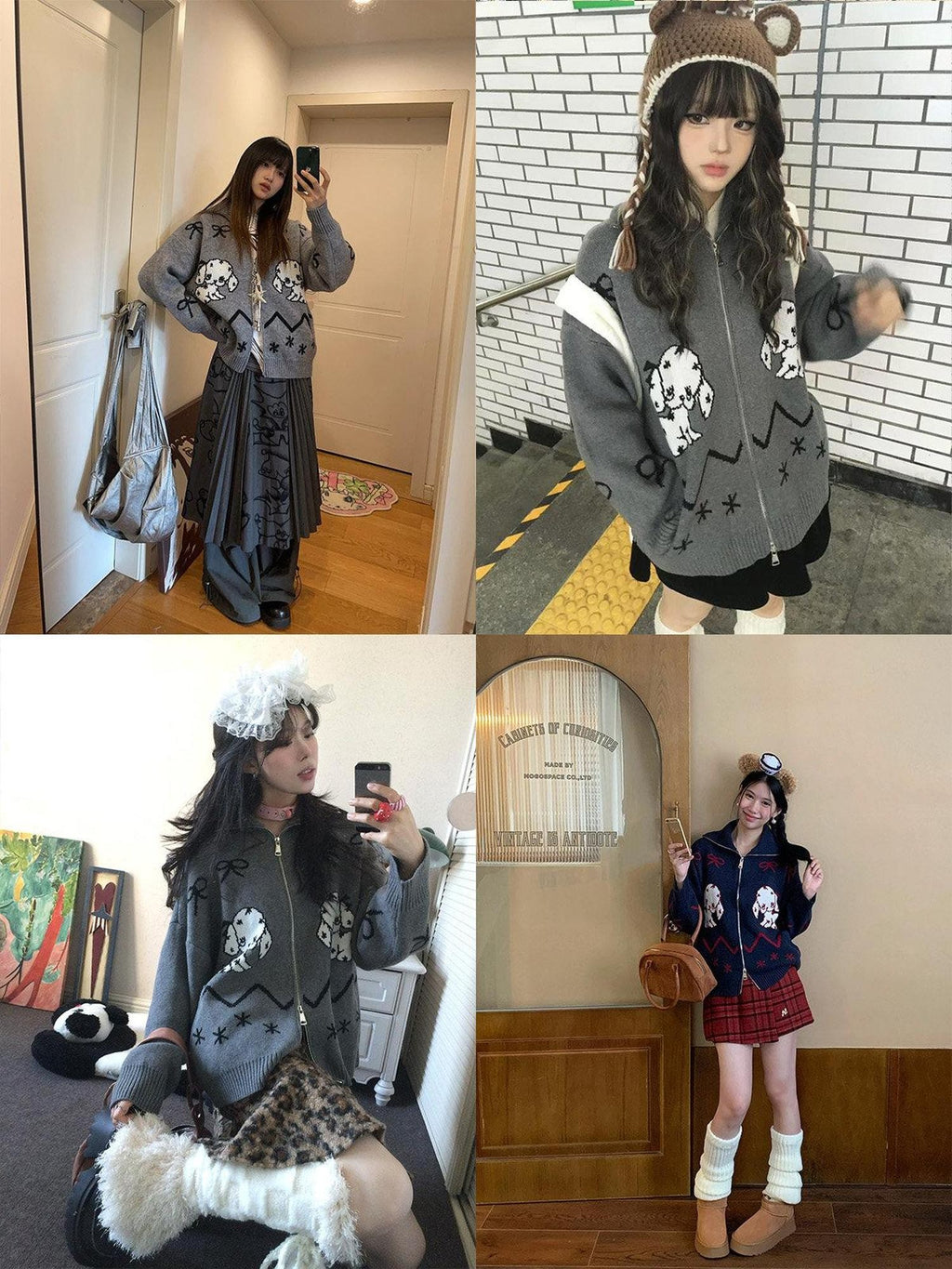 EZEK Vintage Puppy Bow Cartoon Zip High Neck Loose Women's Polyester Blend Cardigans