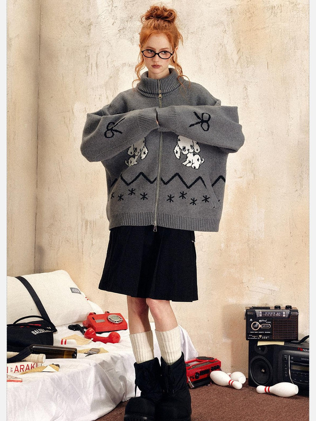 EZEK Vintage Puppy Bow Cartoon Zip High Neck Loose Women's Polyester Blend Cardigans
