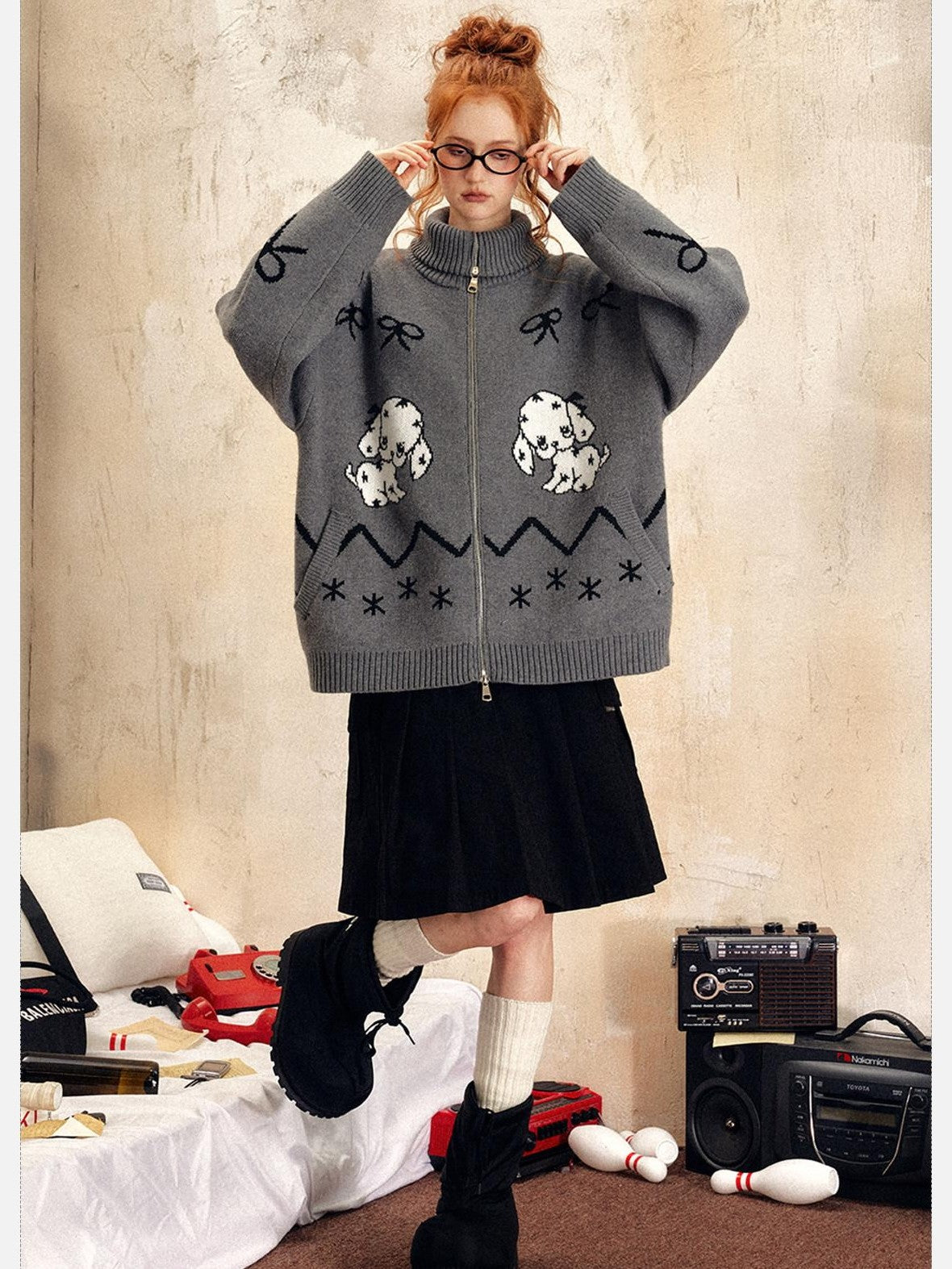 EZEK Vintage Puppy Bow Cartoon Zip High Neck Loose Women's Polyester Blend Cardigans
