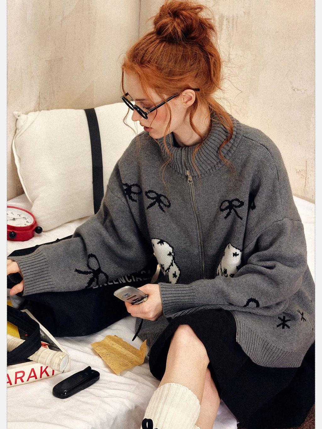 EZEK Vintage Puppy Bow Cartoon Zip High Neck Loose Women's Polyester Blend Cardigans