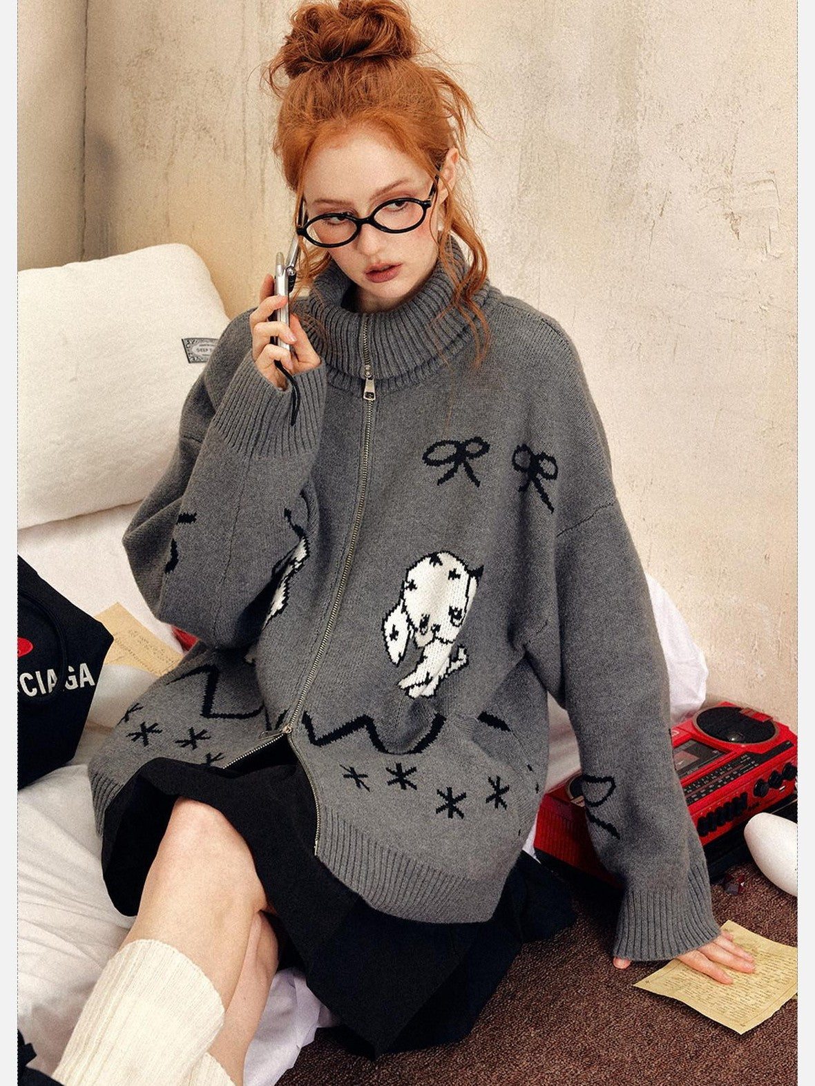 EZEK Vintage Puppy Bow Cartoon Zip High Neck Loose Women's Polyester Blend Cardigans