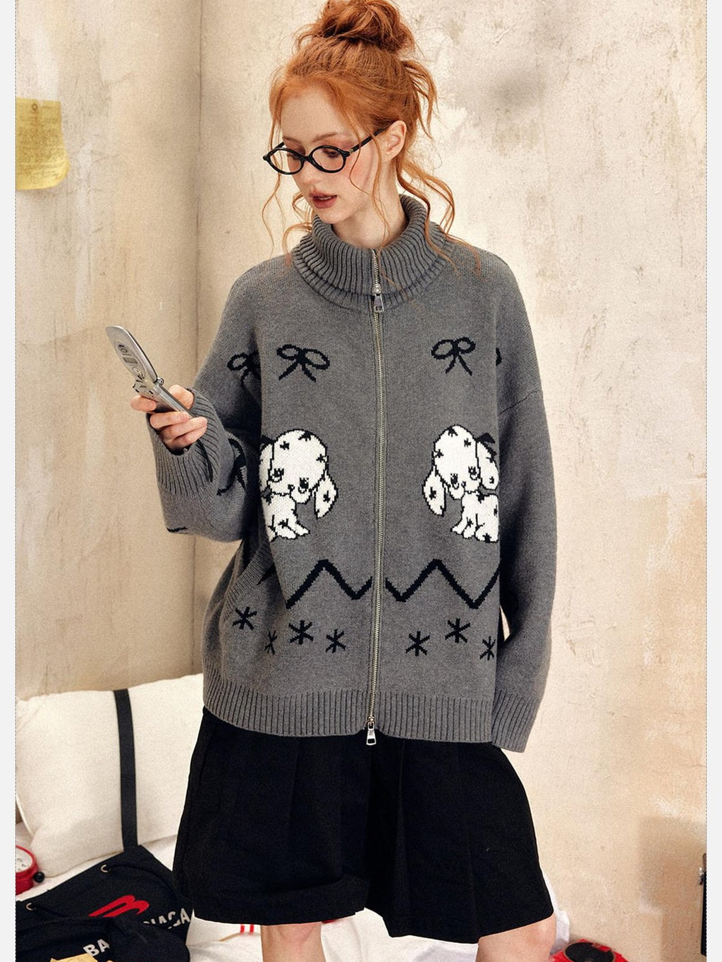 EZEK Vintage Puppy Bow Cartoon Zip High Neck Loose Women's Polyester Blend Cardigans
