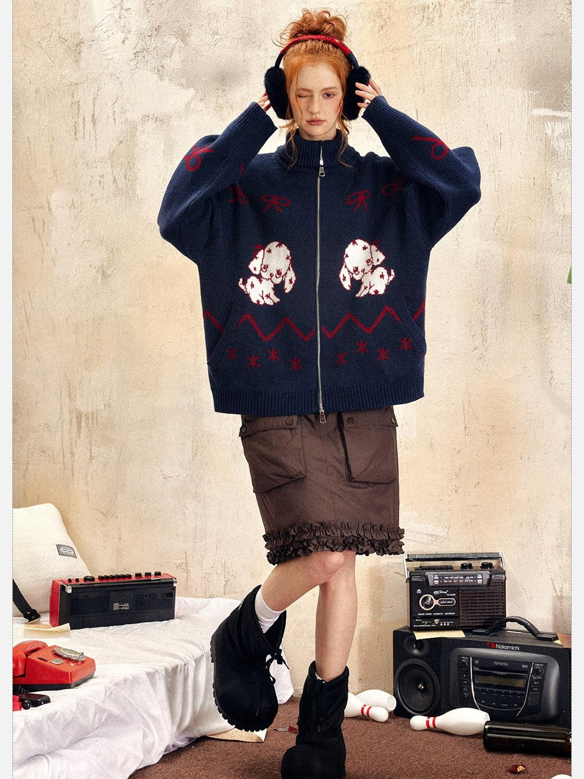EZEK Vintage Puppy Bow Cartoon Zip High Neck Loose Women's Polyester Blend Cardigans