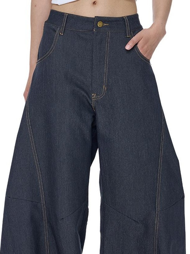 EZEK Vintage Relaxed Natural Waist Pocket Button Women's Cotton Blend Wide-leg Jeans