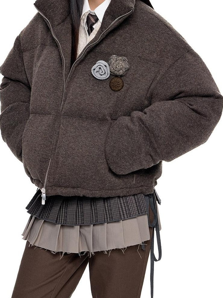 EZEK Vintage Stand Collar Chest Flower Zip Loose Women's White Duck Down Down Jackets