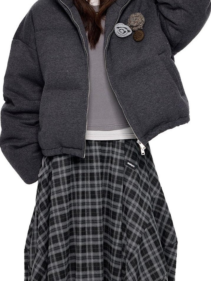 EZEK Vintage Stand Collar Chest Flower Zip Loose Women's White Duck Down Down Jackets