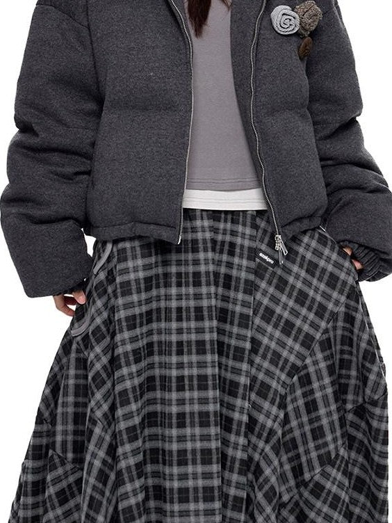 EZEK Vintage Stand Collar Chest Flower Zip Loose Women's White Duck Down Down Jackets