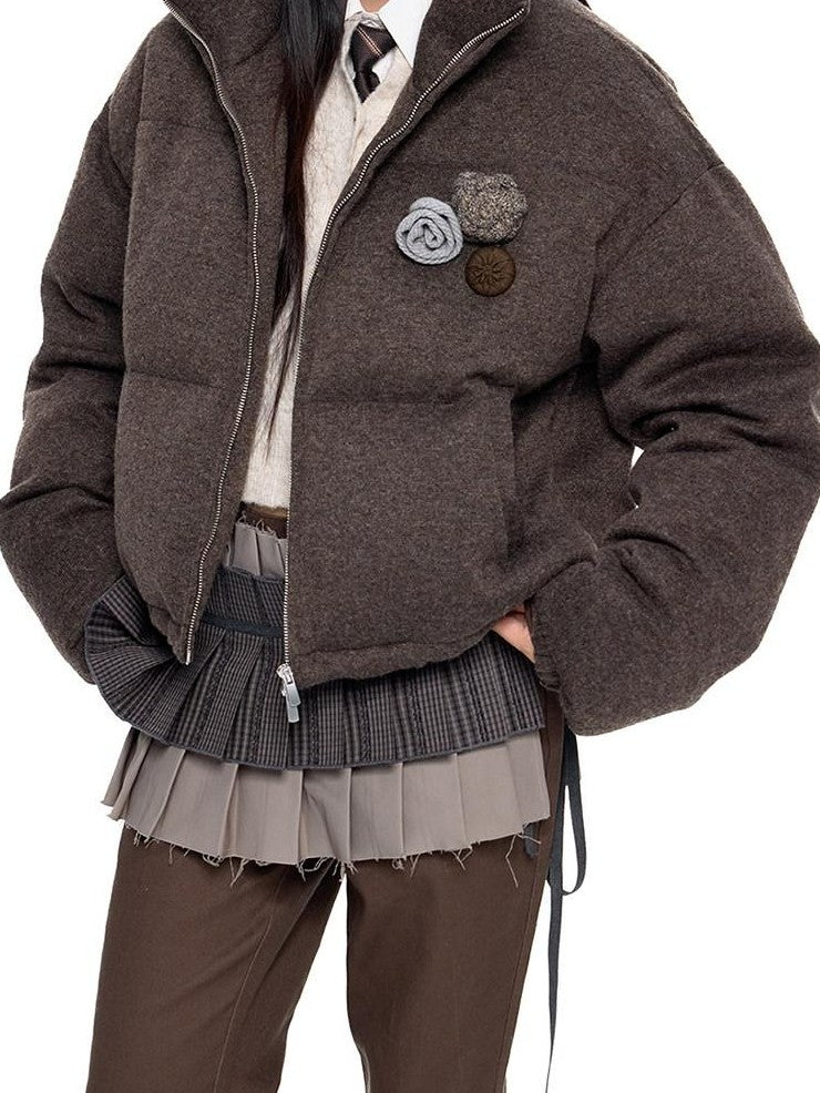 EZEK Vintage Stand Collar Chest Flower Zip Loose Women's White Duck Down Down Jackets