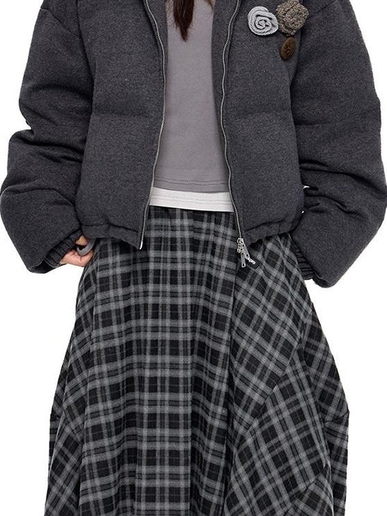 EZEK Vintage Stand Collar Chest Flower Zip Loose Women's White Duck Down Down Jackets