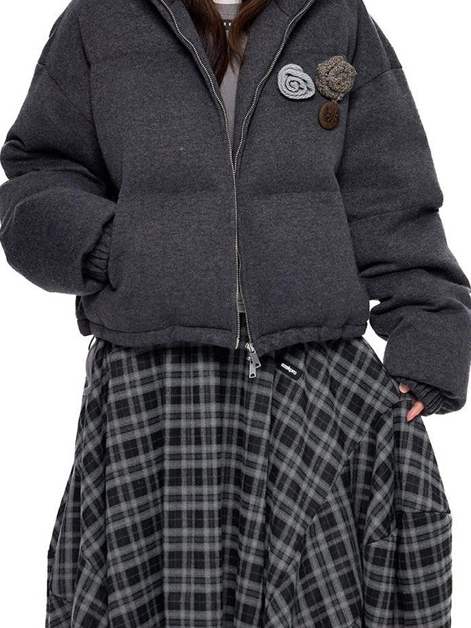 EZEK Vintage Stand Collar Chest Flower Zip Loose Women's White Duck Down Down Jackets