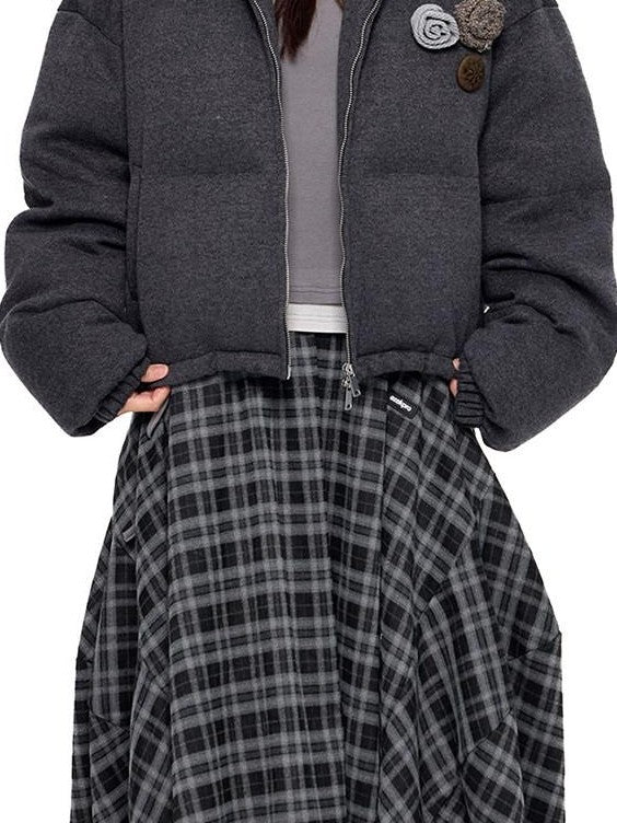 EZEK Vintage Stand Collar Chest Flower Zip Loose Women's White Duck Down Down Jackets