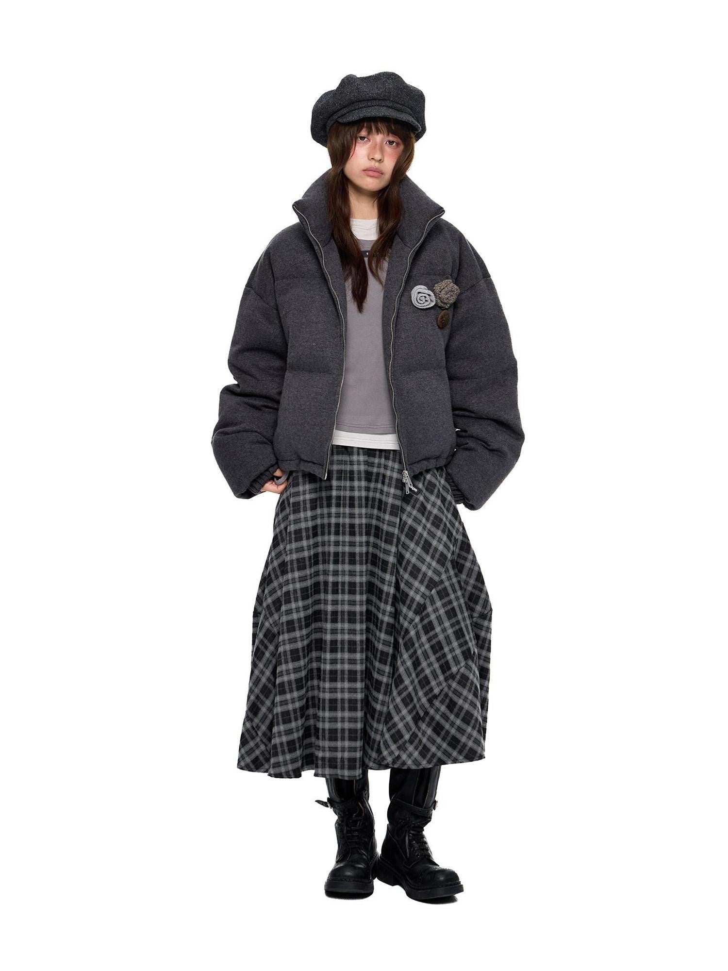 EZEK Vintage Stand Collar Chest Flower Zip Loose Women's White Duck Down Down Jackets