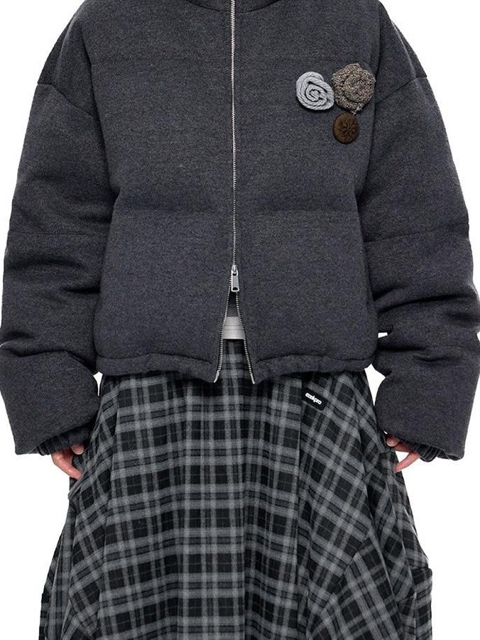 EZEK Vintage Stand Collar Chest Flower Zip Loose Women's White Duck Down Down Jackets
