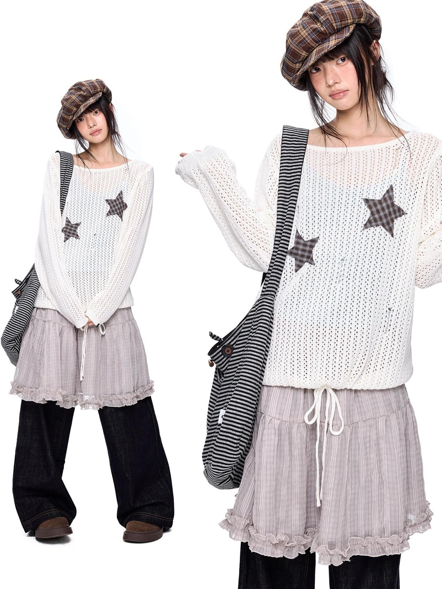 EZEK Vintage Star Cutout Knitted Women's Cotton Blend Long Sleeve T-shirts