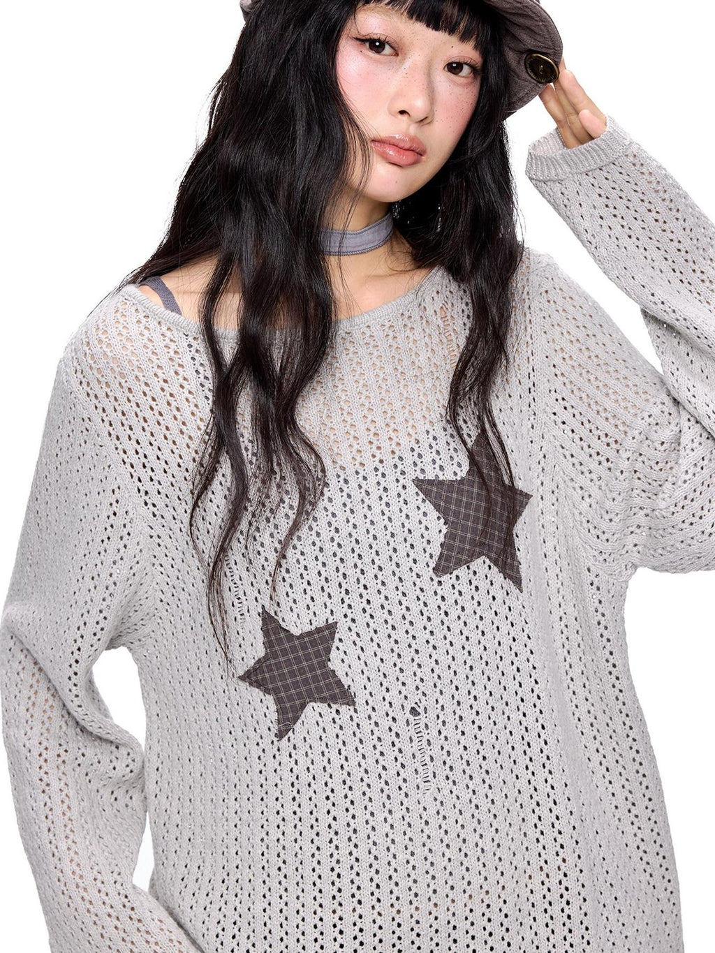 EZEK Vintage Star Cutout Knitted Women's Cotton Blend Long Sleeve T-shirts
