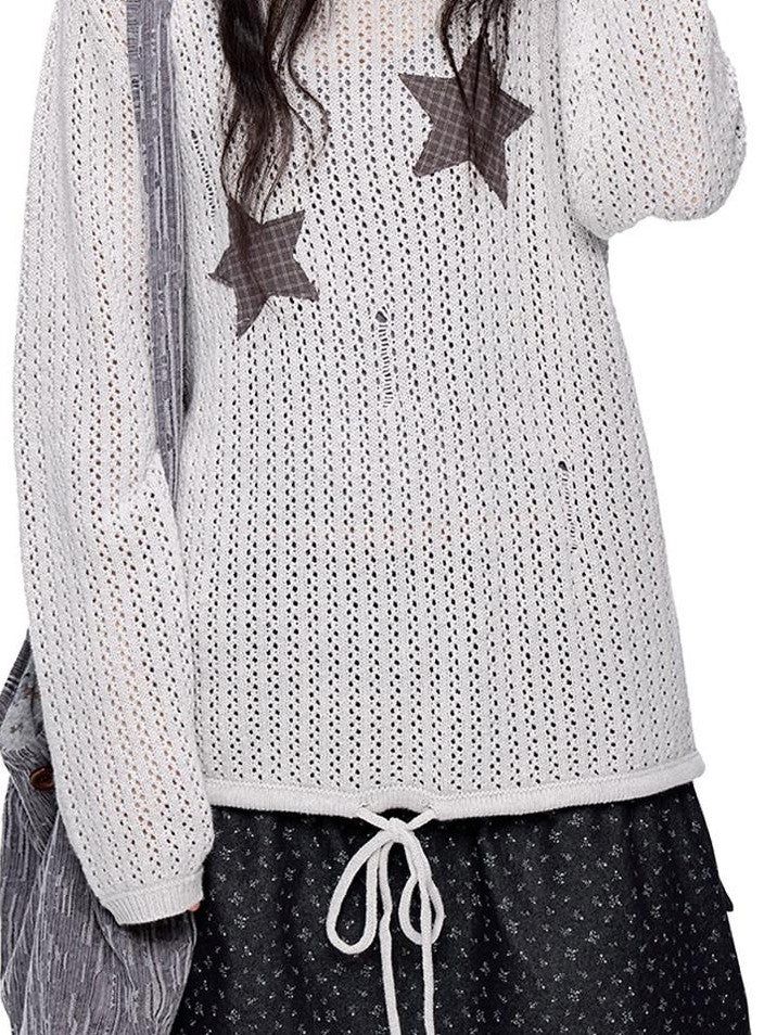 EZEK Vintage Star Cutout Knitted Women's Cotton Blend Long Sleeve T-shirts