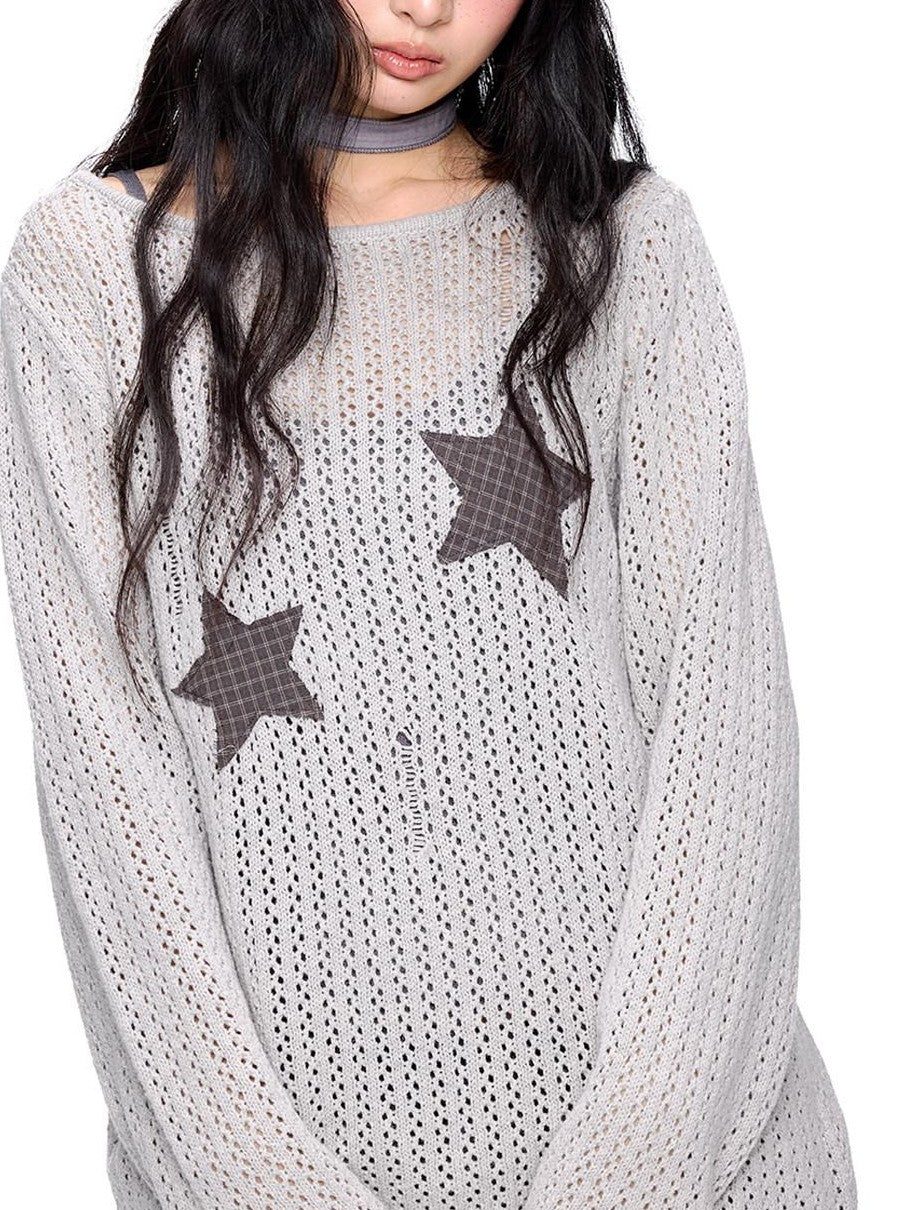 EZEK Vintage Star Cutout Knitted Women's Cotton Blend Long Sleeve T-shirts