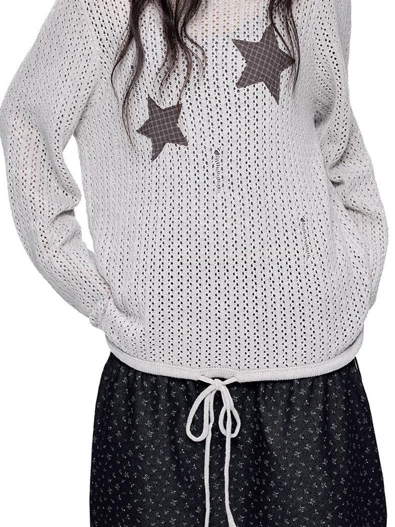 EZEK Vintage Star Cutout Knitted Women's Cotton Blend Long Sleeve T-shirts