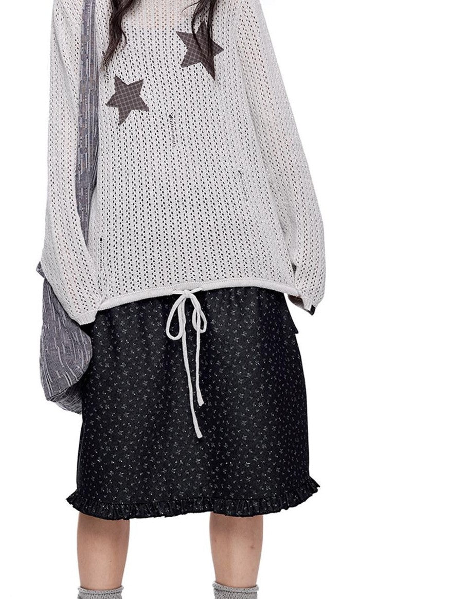 EZEK Vintage Star Cutout Knitted Women's Cotton Blend Long Sleeve T-shirts