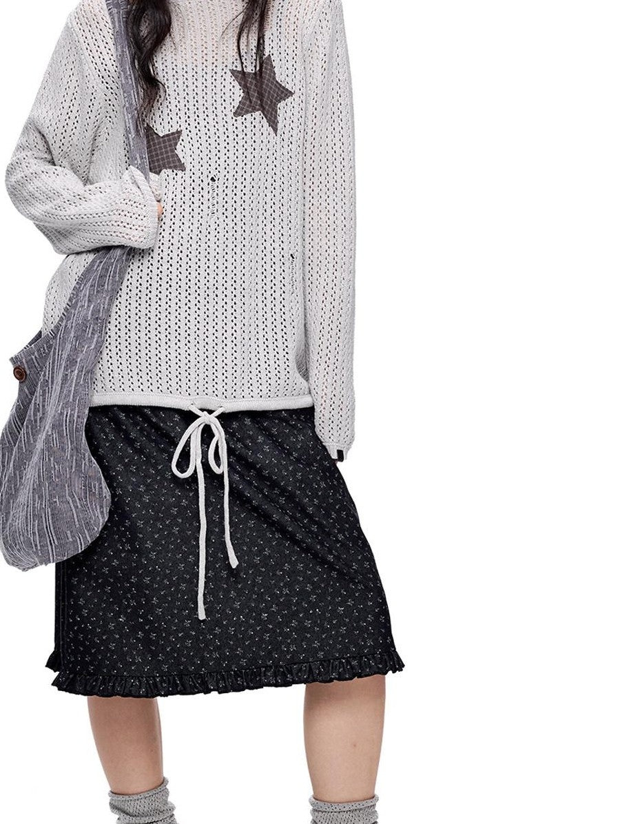 EZEK Vintage Star Cutout Knitted Women's Cotton Blend Long Sleeve T-shirts