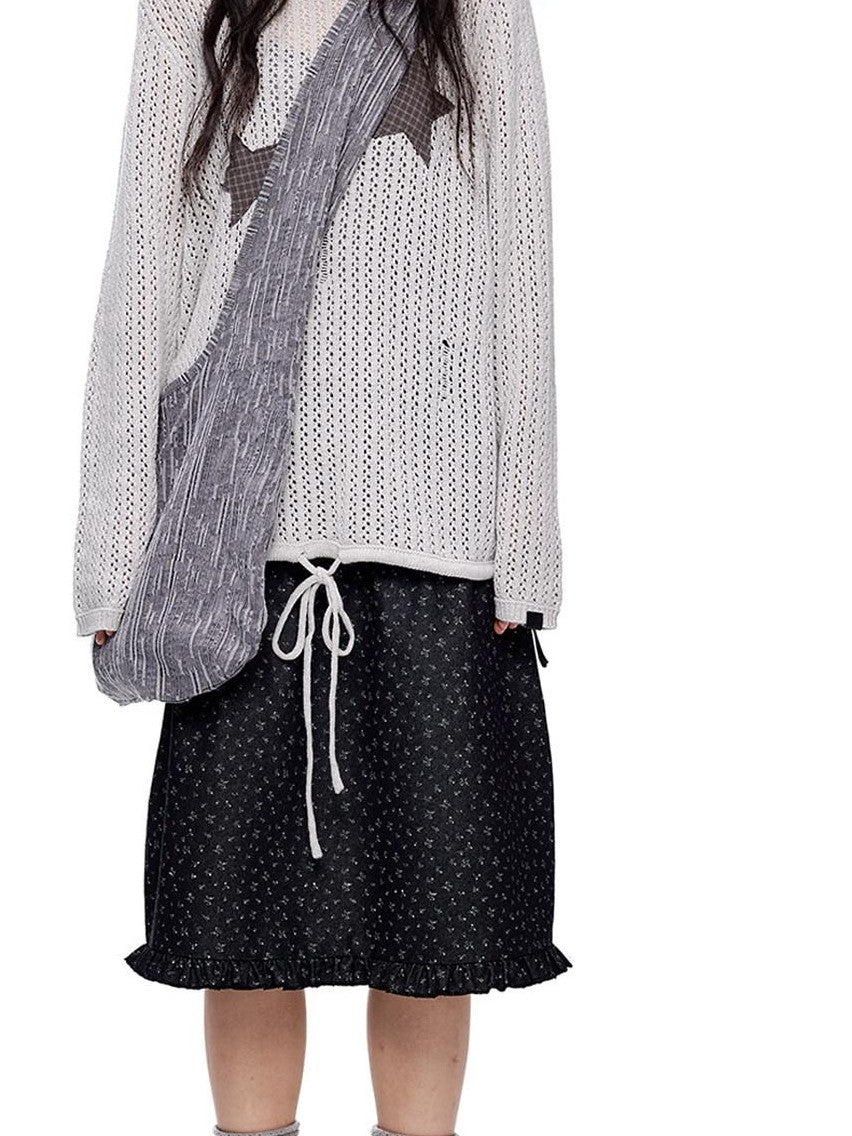 EZEK Vintage Star Cutout Knitted Women's Cotton Blend Long Sleeve T-shirts