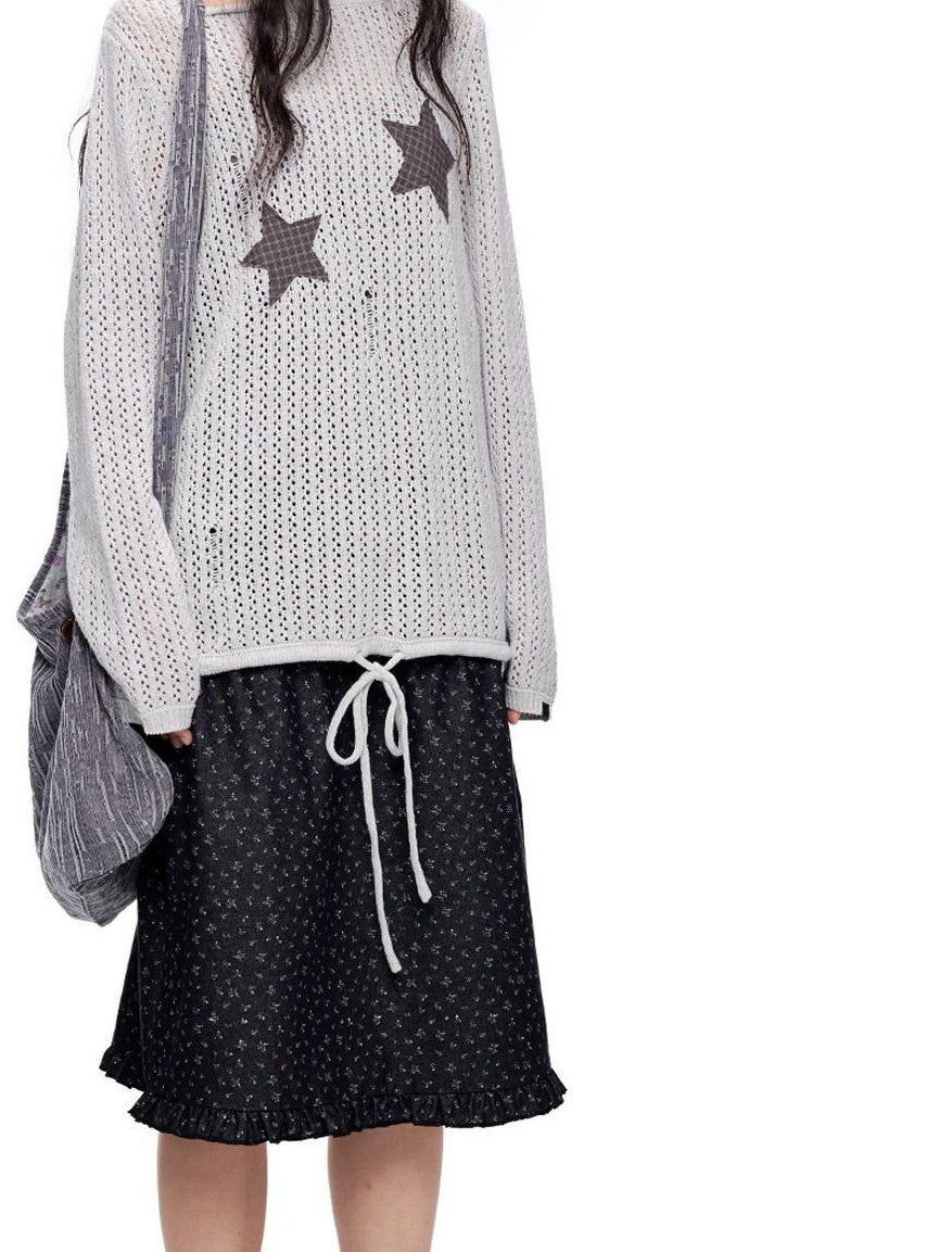 EZEK Vintage Star Cutout Knitted Women's Cotton Blend Long Sleeve T-shirts