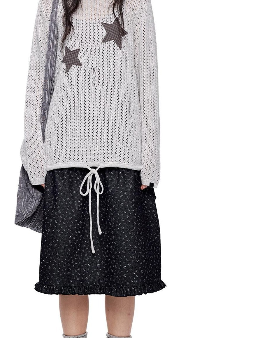 EZEK Vintage Star Cutout Knitted Women's Cotton Blend Long Sleeve T-shirts