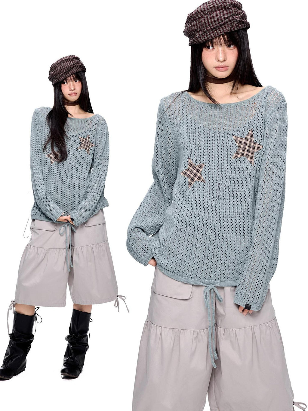 EZEK Vintage Star Cutout Knitted Women's Cotton Blend Long Sleeve T-shirts