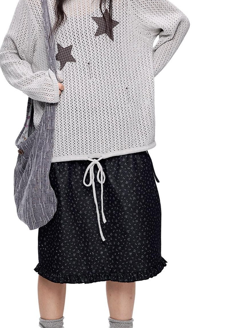EZEK Vintage Star Cutout Knitted Women's Cotton Blend Long Sleeve T-shirts