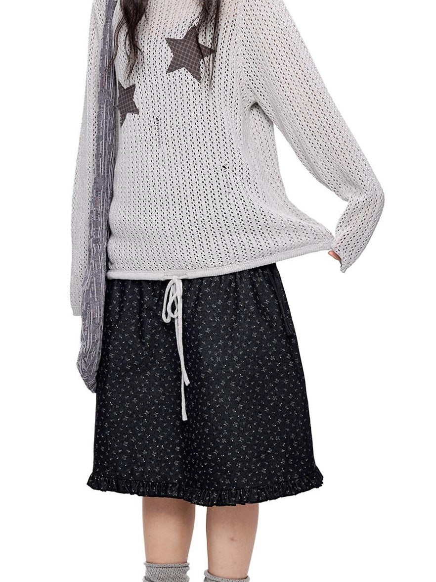 EZEK Vintage Star Cutout Knitted Women's Cotton Blend Long Sleeve T-shirts