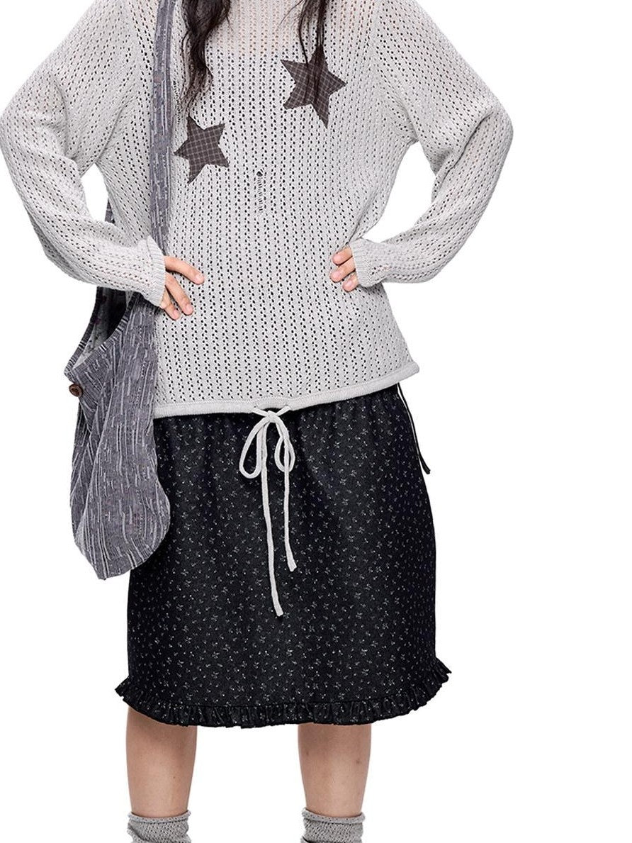 EZEK Vintage Star Cutout Knitted Women's Cotton Blend Long Sleeve T-shirts