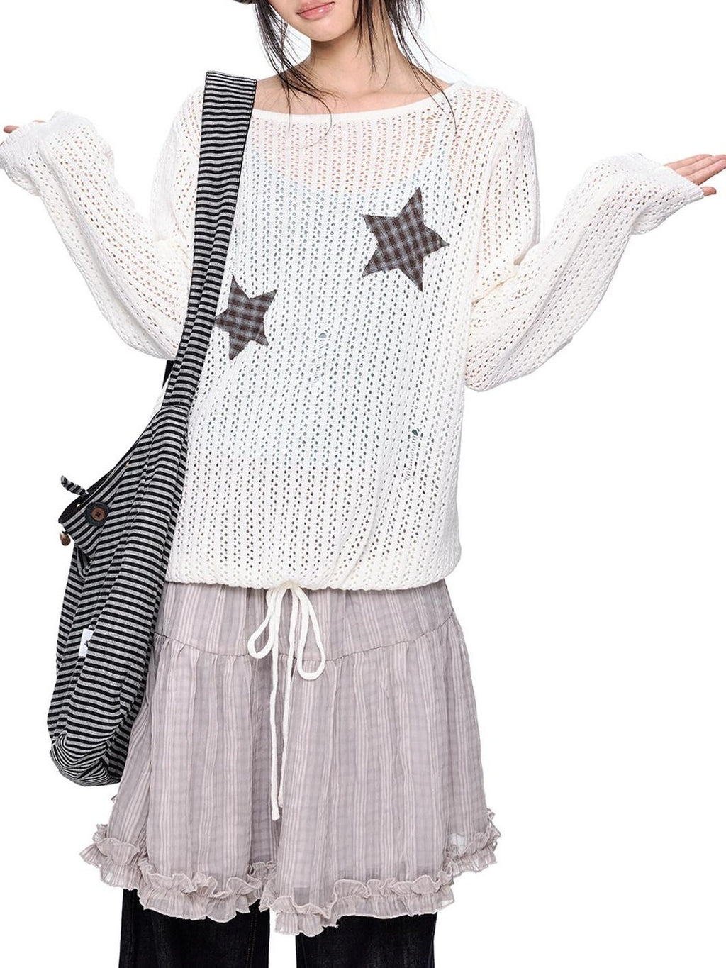 EZEK Vintage Star Cutout Knitted Women's Cotton Blend Long Sleeve T-shirts