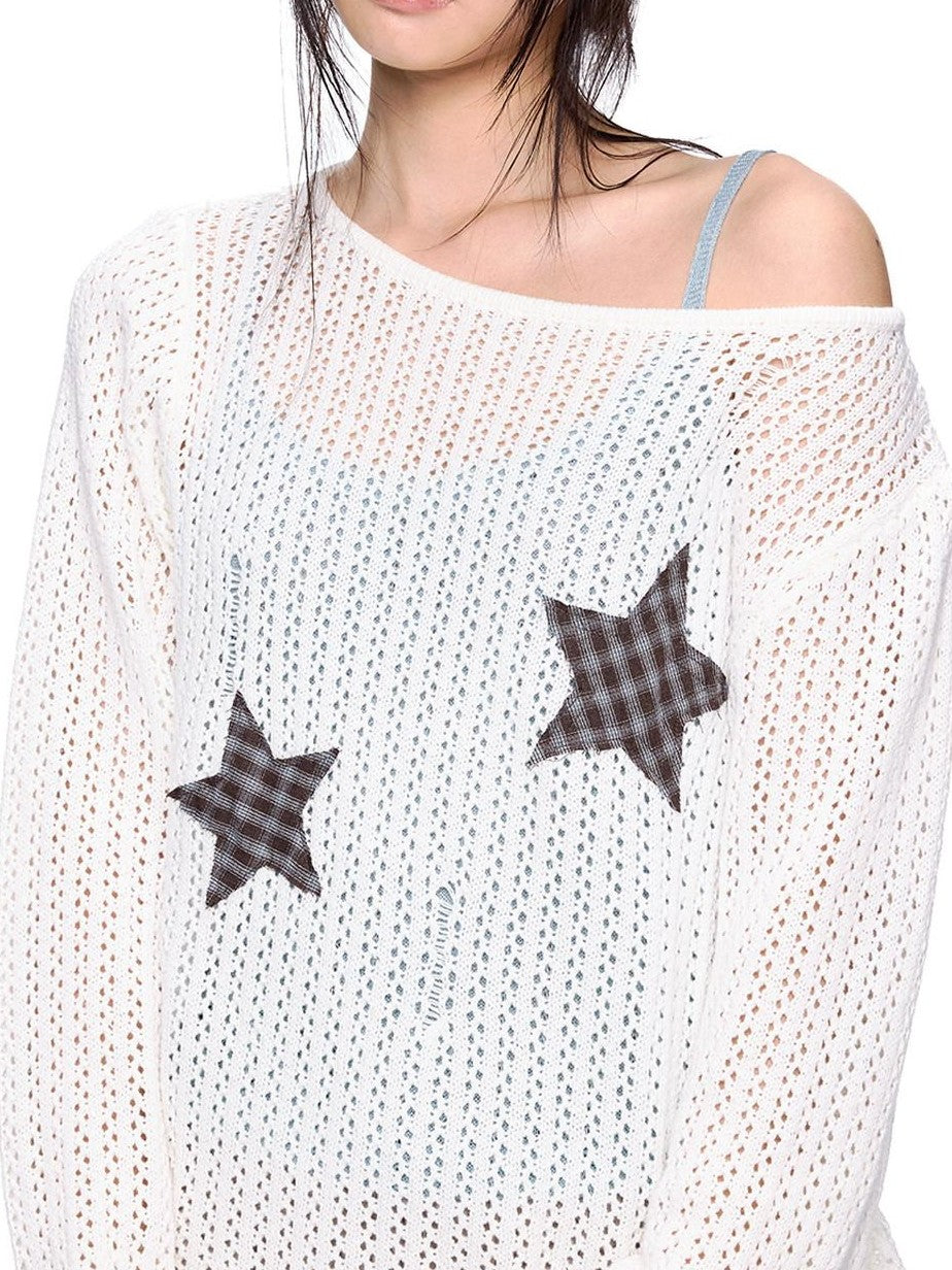 EZEK Vintage Star Cutout Knitted Women's Cotton Blend Long Sleeve T-shirts