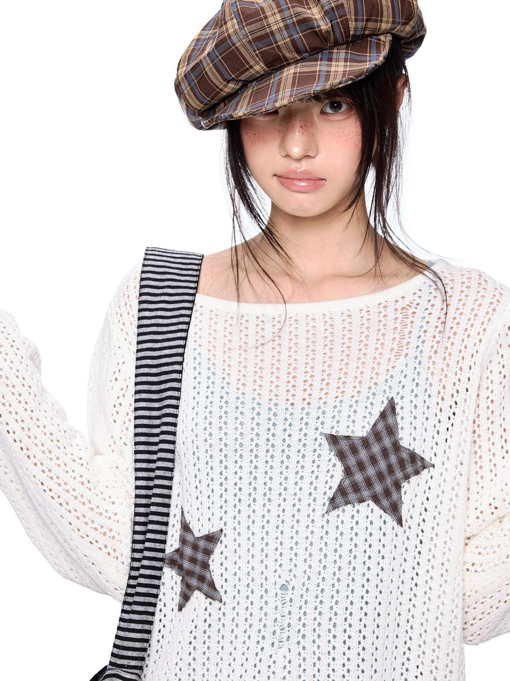 EZEK Vintage Star Cutout Knitted Women's Cotton Blend Long Sleeve T-shirts
