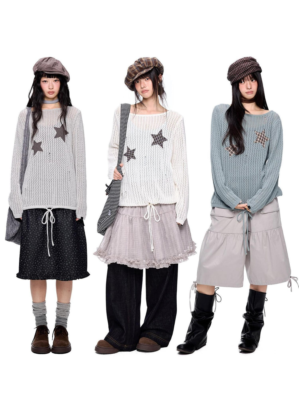EZEK Vintage Star Cutout Knitted Women's Cotton Blend Long Sleeve T-shirts