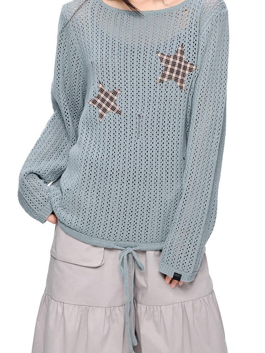 EZEK Vintage Star Cutout Knitted Women's Cotton Blend Long Sleeve T-shirts