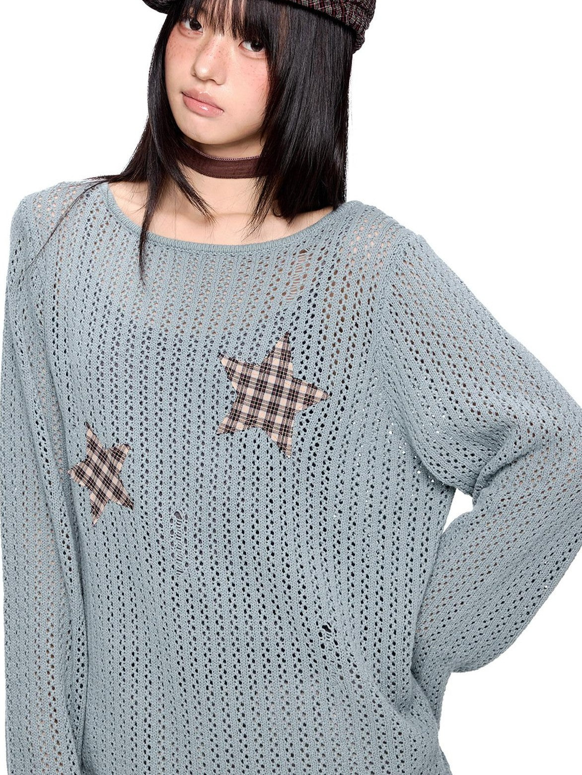 EZEK Vintage Star Cutout Knitted Women's Cotton Blend Long Sleeve T-shirts