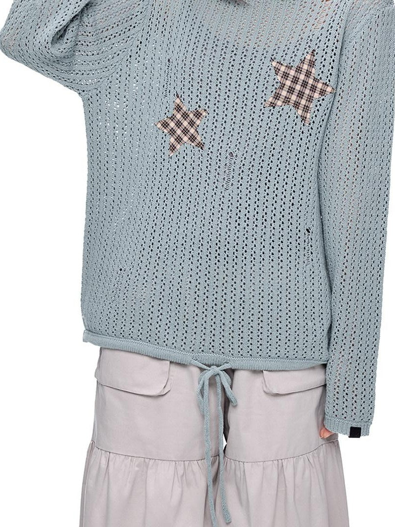 EZEK Vintage Star Cutout Knitted Women's Cotton Blend Long Sleeve T-shirts