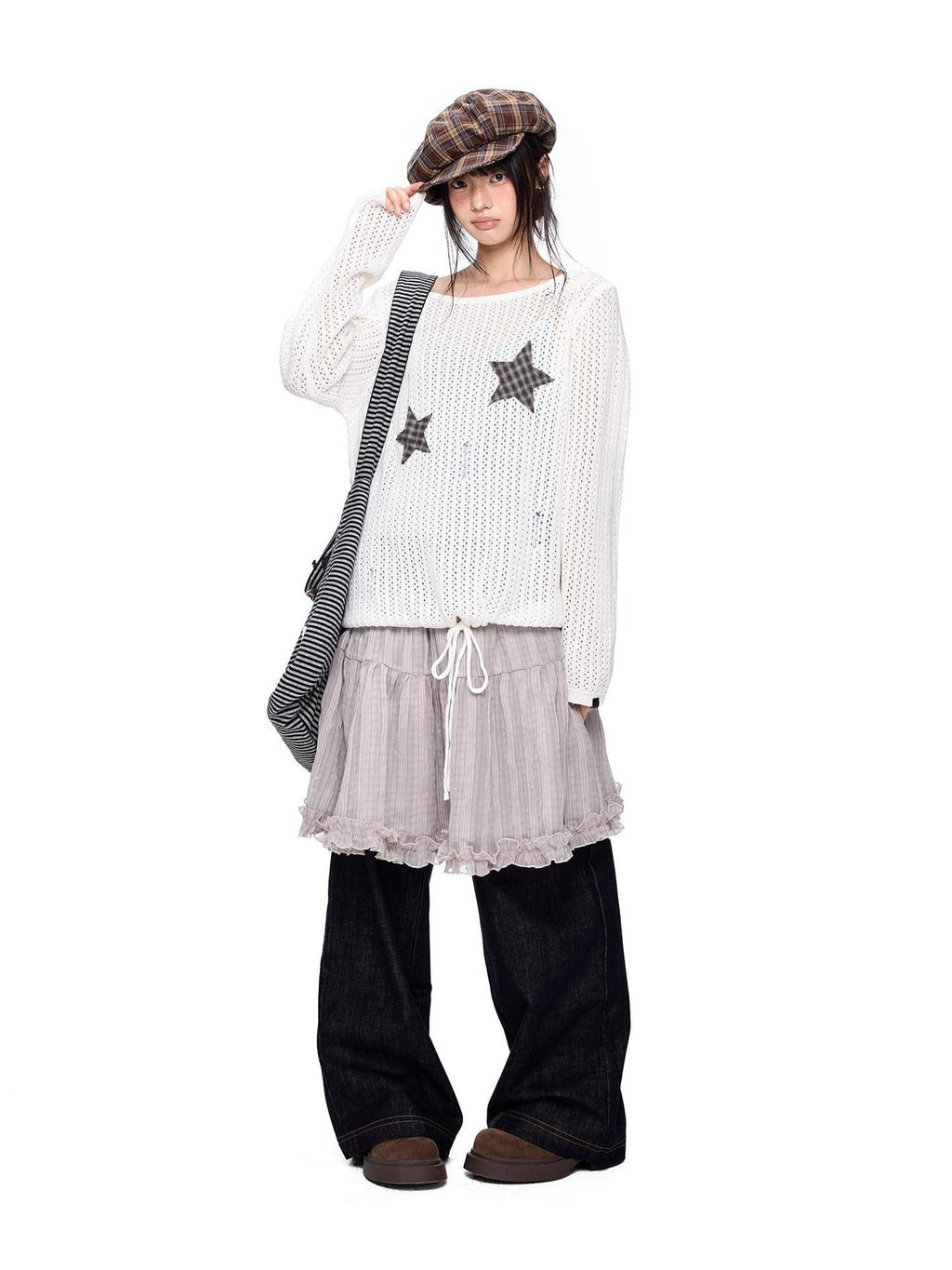 EZEK Vintage Star Cutout Knitted Women's Cotton Blend Long Sleeve T-shirts