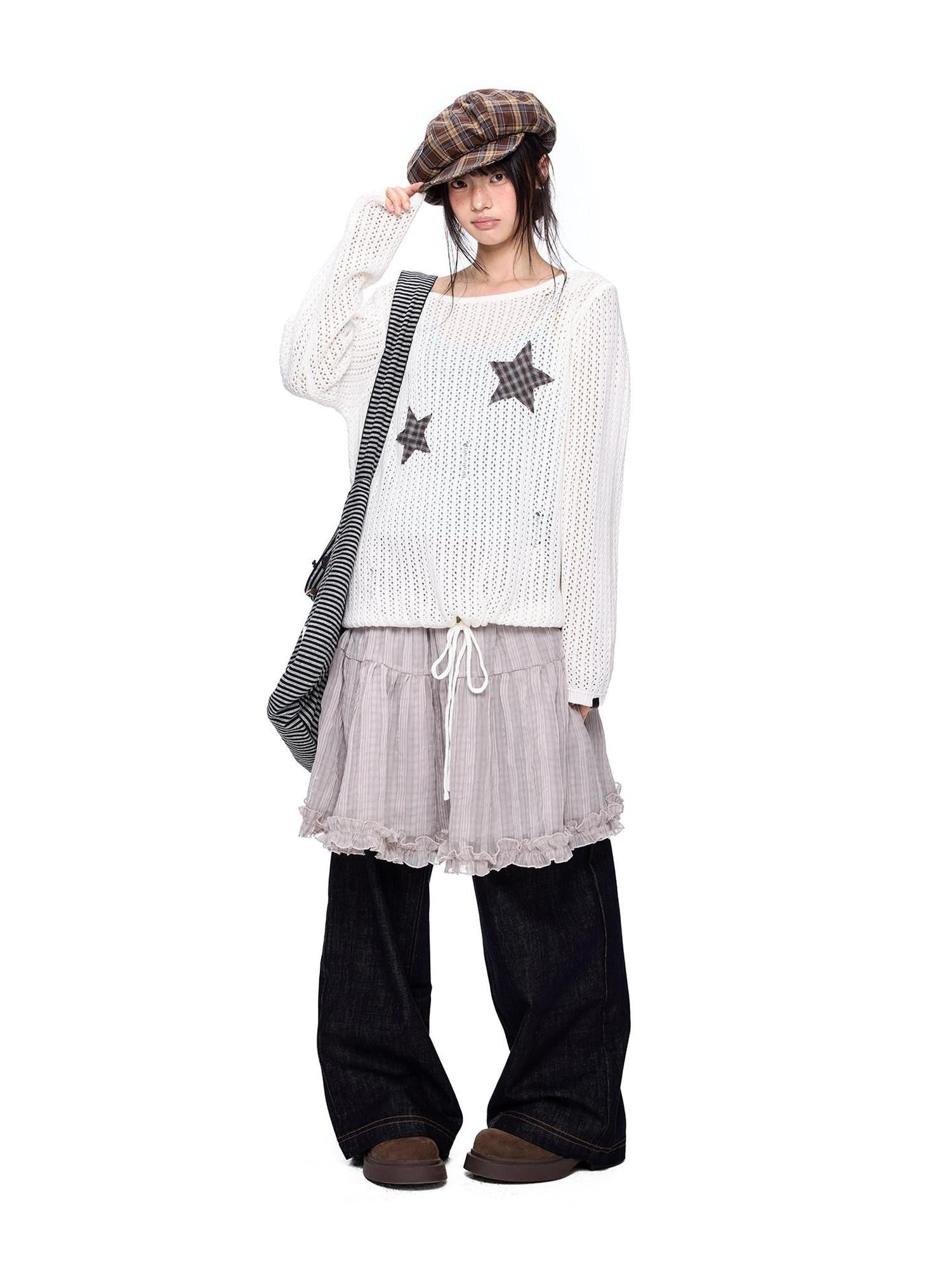 EZEK Vintage Star Cutout Knitted Women's Cotton Blend Long Sleeve T-shirts