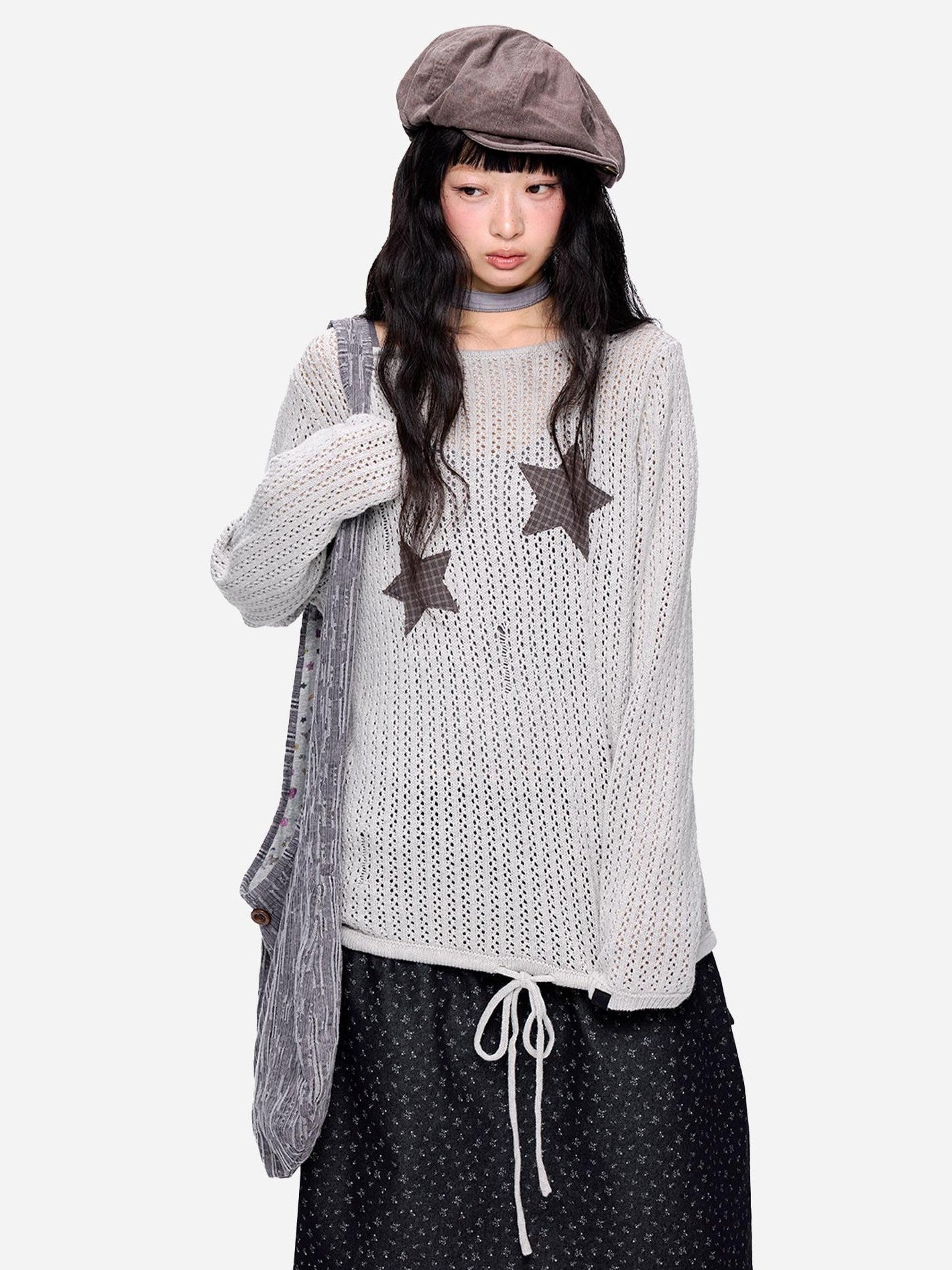 EZEK Vintage Star Cutout Knitted Women's Cotton Blend Long Sleeve T-shirts
