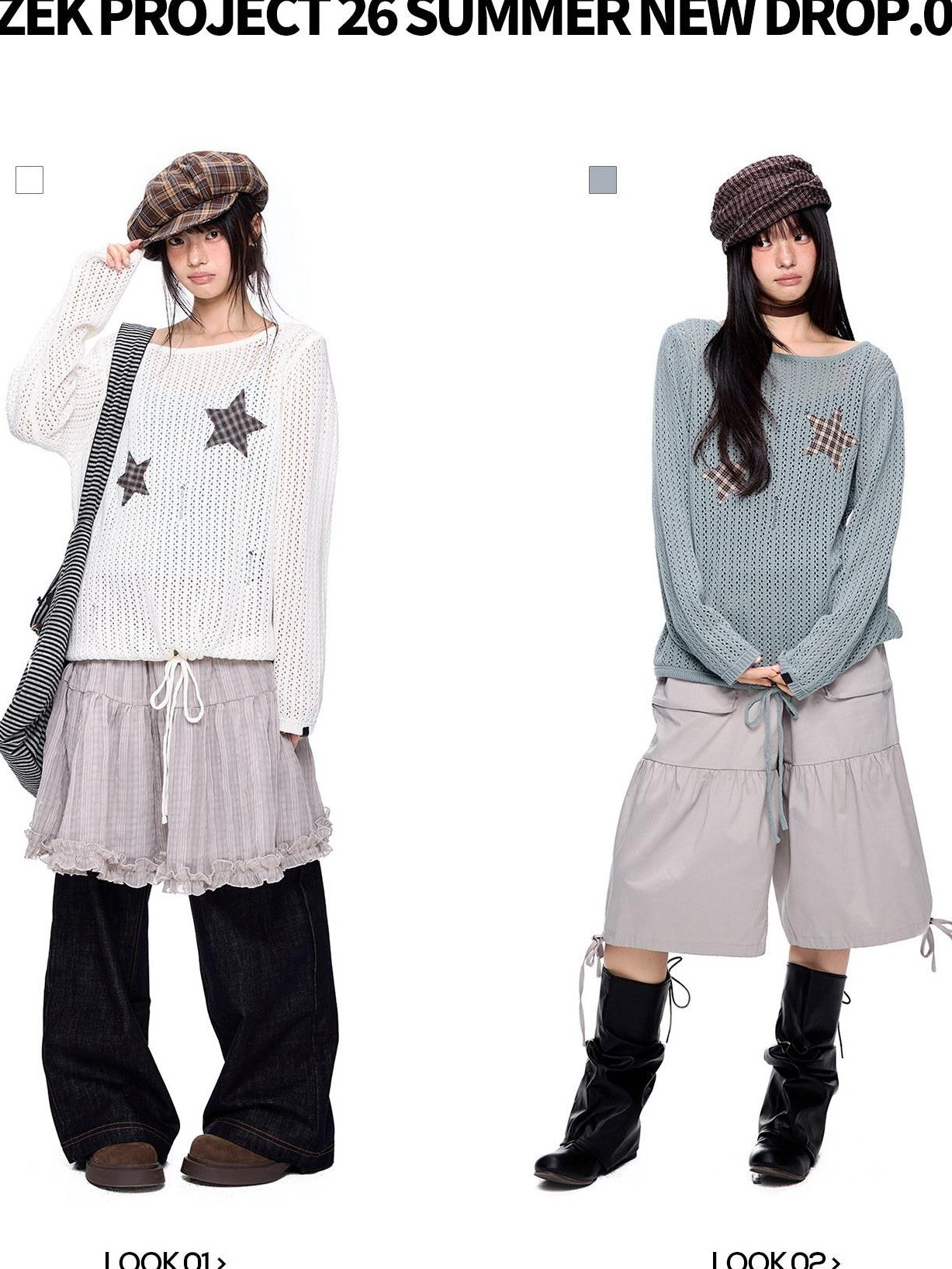 EZEK Vintage Star Cutout Knitted Women's Cotton Blend Long Sleeve T-shirts
