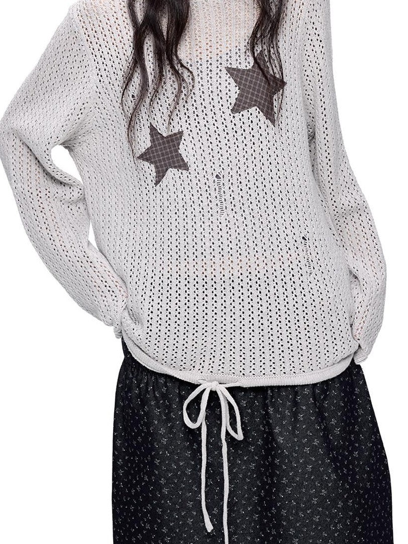 EZEK Vintage Star Cutout Knitted Women's Cotton Blend Long Sleeve T-shirts