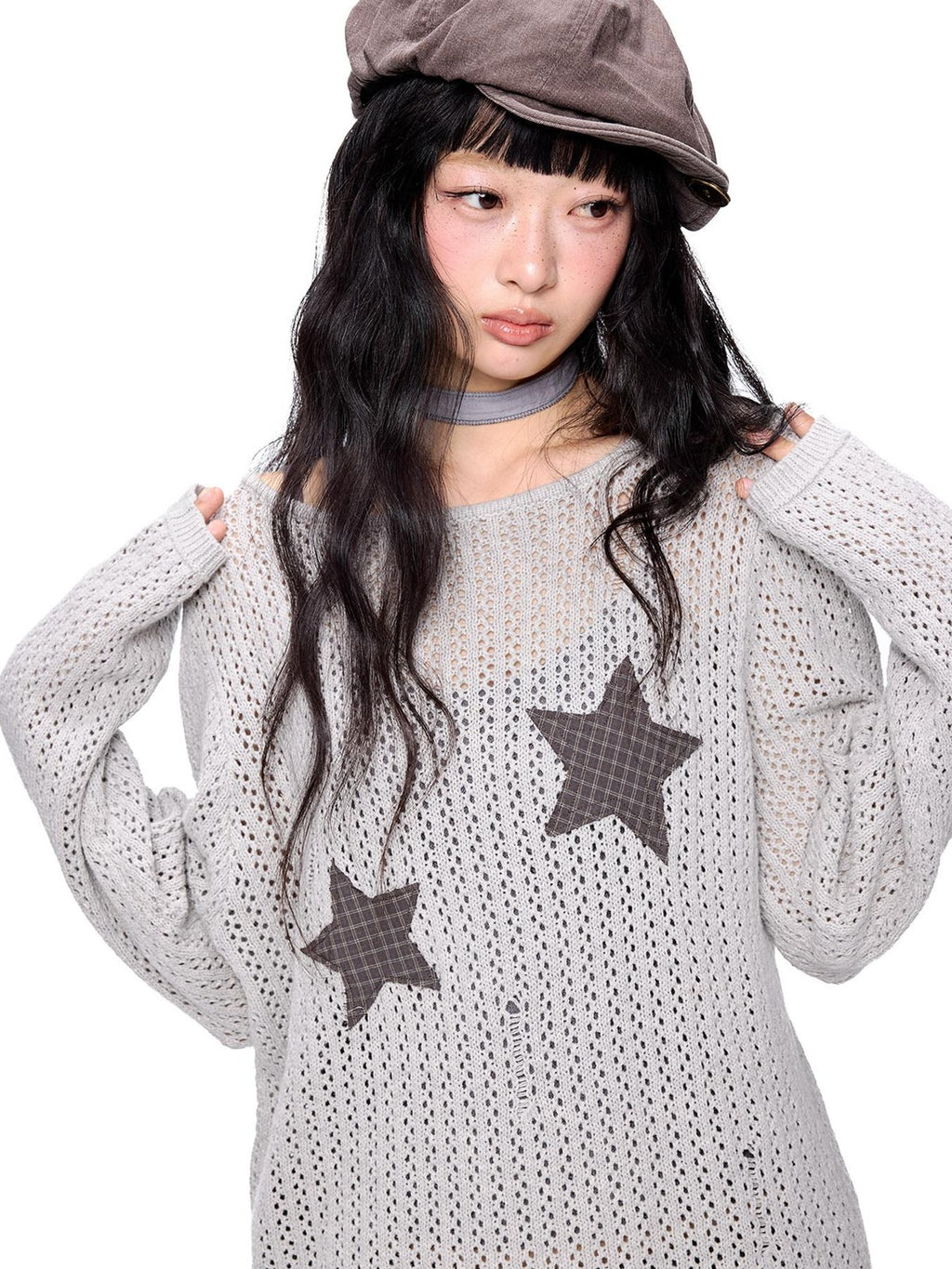 EZEK Vintage Star Cutout Knitted Women's Cotton Blend Long Sleeve T-shirts