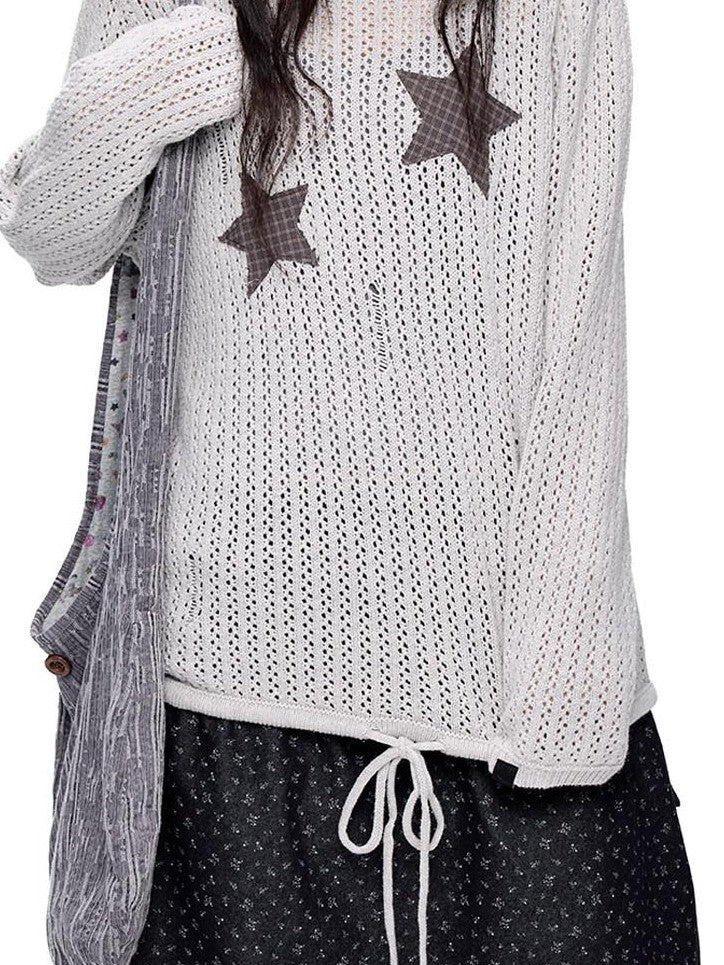 EZEK Vintage Star Cutout Knitted Women's Cotton Blend Long Sleeve T-shirts