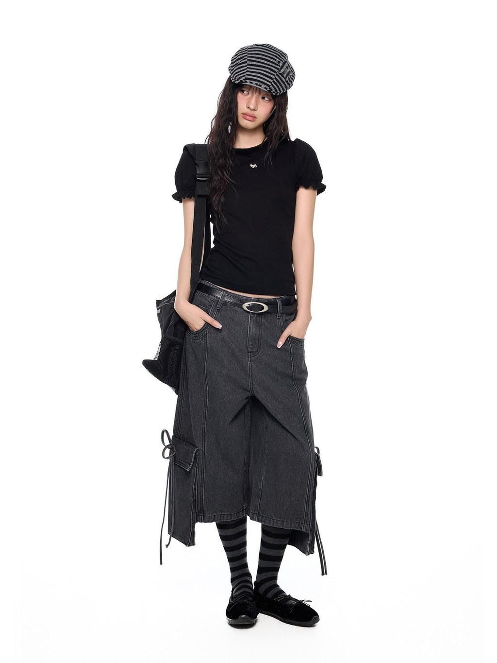 EZEK Vintage Washed Pocket Tie Wide Leg High Waist Women's Cotton Blend Cropped Jeans