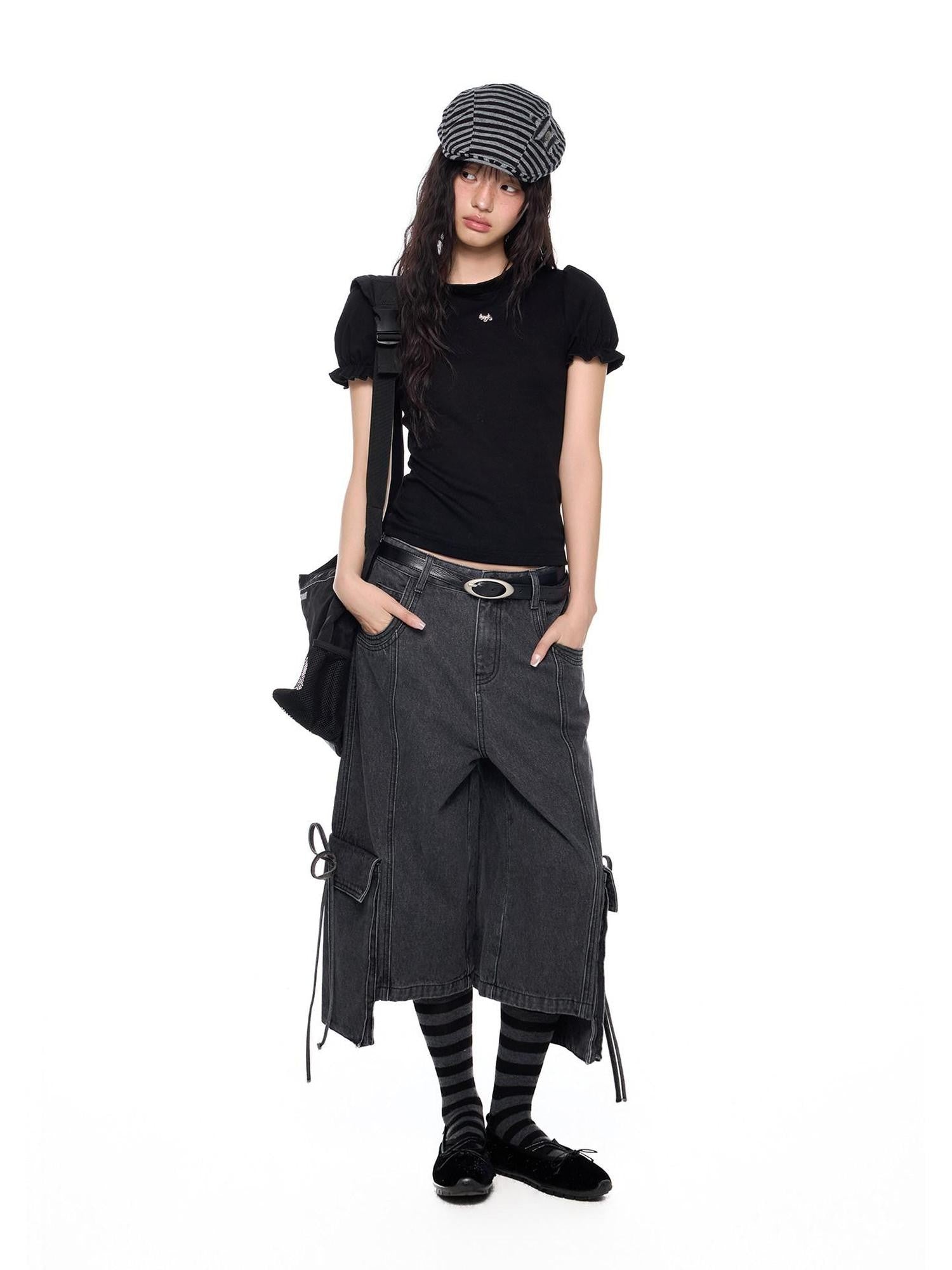 EZEK Vintage Washed Pocket Tie Wide Leg High Waist Women's Cotton Blend Cropped Jeans