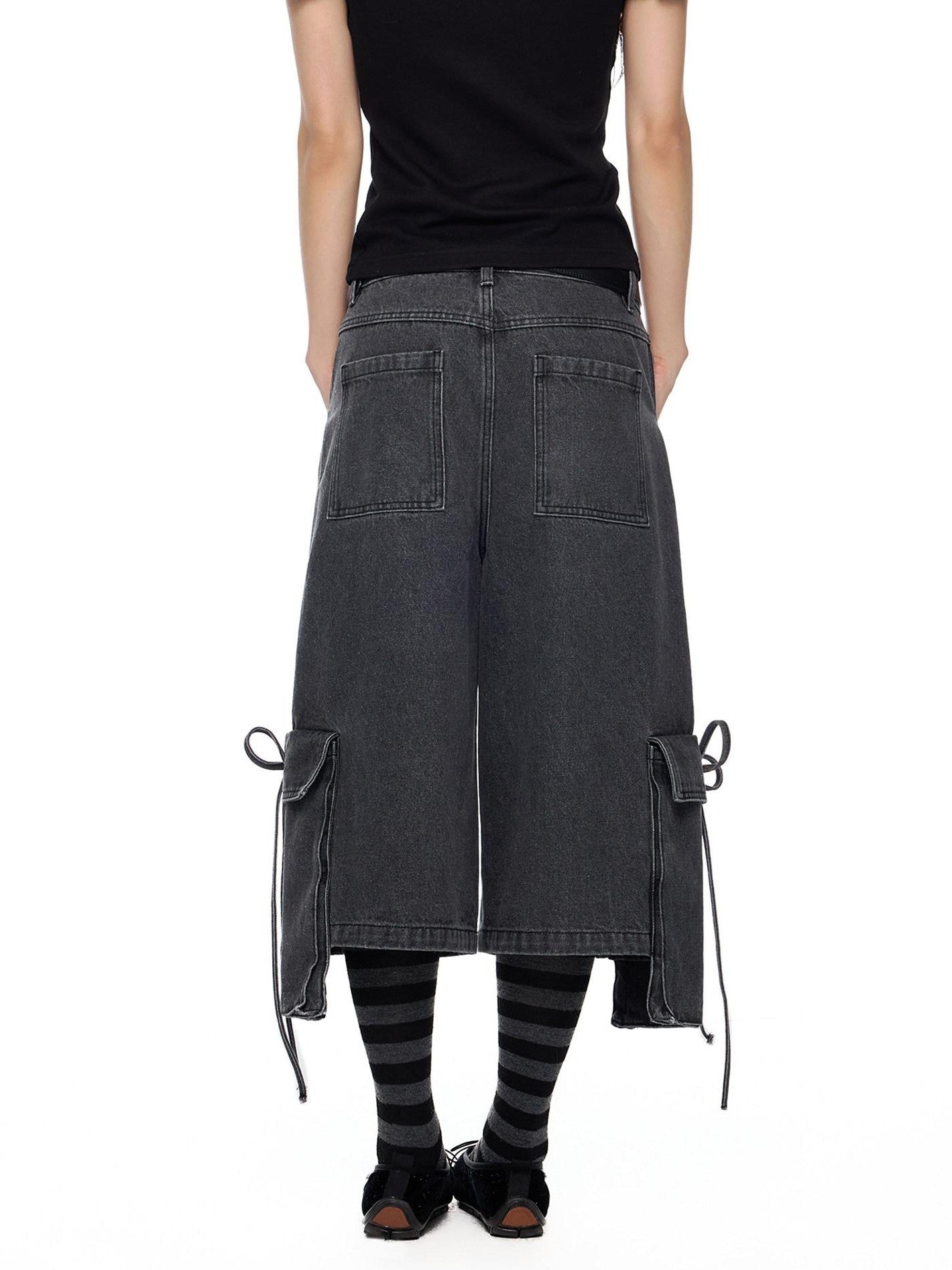 EZEK Vintage Washed Pocket Tie Wide Leg High Waist Women's Cotton Blend Cropped Jeans