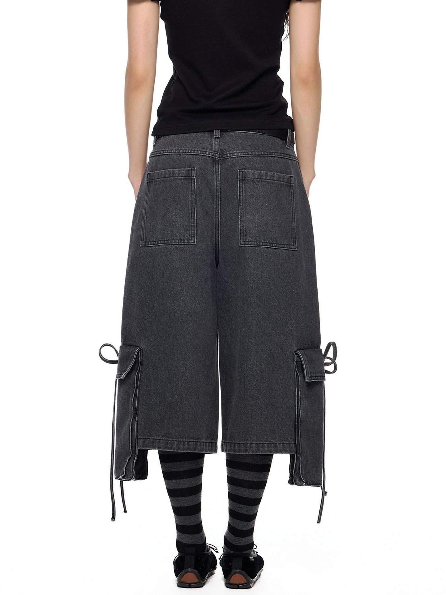 EZEK Vintage Washed Pocket Tie Wide Leg High Waist Women's Cotton Blend Cropped Jeans